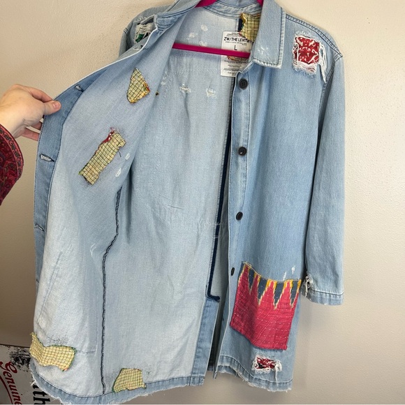 Upcycled Country Vibes Long Light Blue Denim Jacket Womens L Festival Cowgirl - Picture 12 of 15